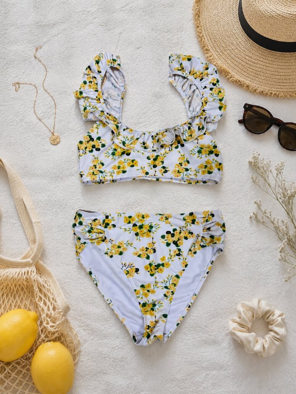 Cabana Del Sol Floral Ruffle Bikini Set Size Small Yellow White